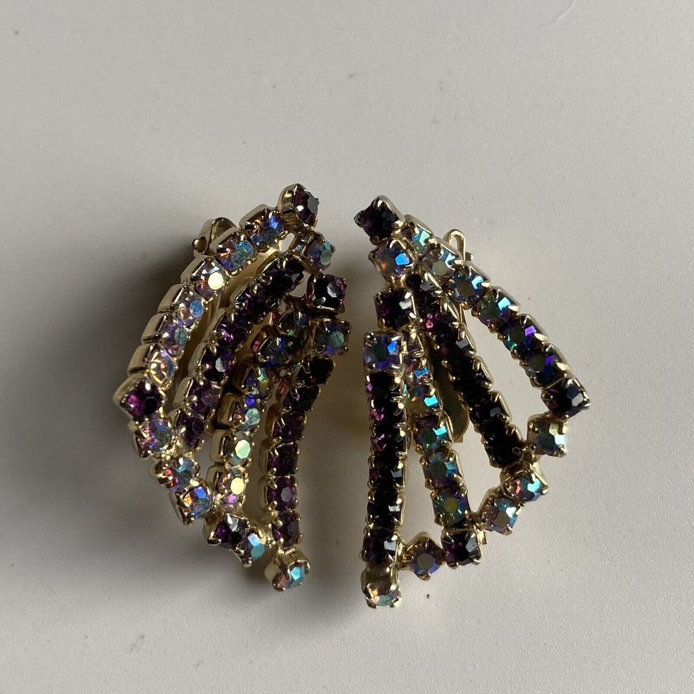 Vintage HOBE Borealis Rhinestone  FAN Clip Earrings Costume Jewelry MCM VTG